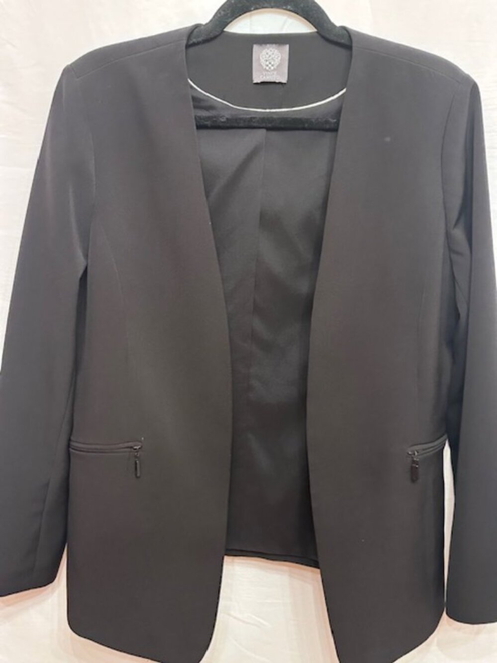 Vince Camuto Black Open Front Blazer Size 0 Career Office Zip Pocket Jacket